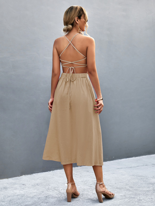 Women's Sexy Backless Dress Halter Ruffled Waist Solid Cotton Dress Holiday Beach Dress
