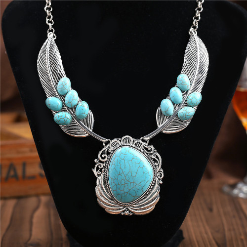Turquoise Pendant Feather Necklace Western Style Tribal Necklace