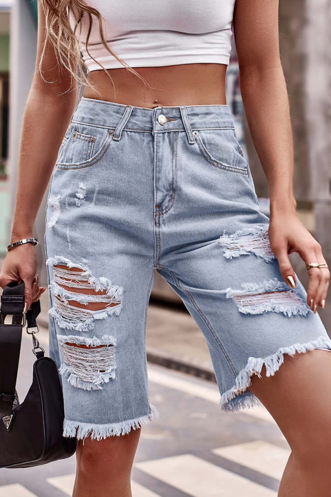 Casual Street Solid Ripped Make Old Mid Waist Denim Shorts