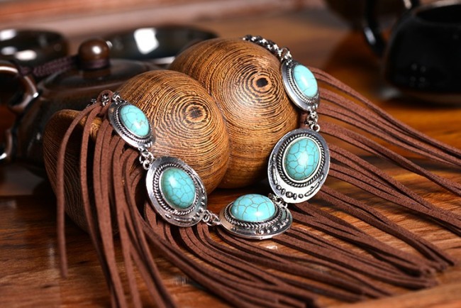 Bohemian Style Tribal Turquoise Necklace Tassel Alloy Necklace