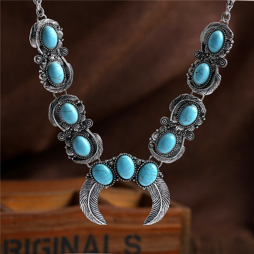 Tribal Turquoise Necklace Horn Pendant Feather Alloy Plating Necklace