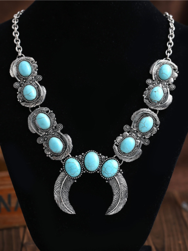 Tribal Turquoise Necklace Horn Pendant Feather Alloy Plating Necklace