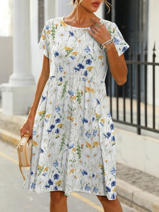 US$ 28.99 - Women's Floral Summer Dress Crew Neck Midi Dress with ...