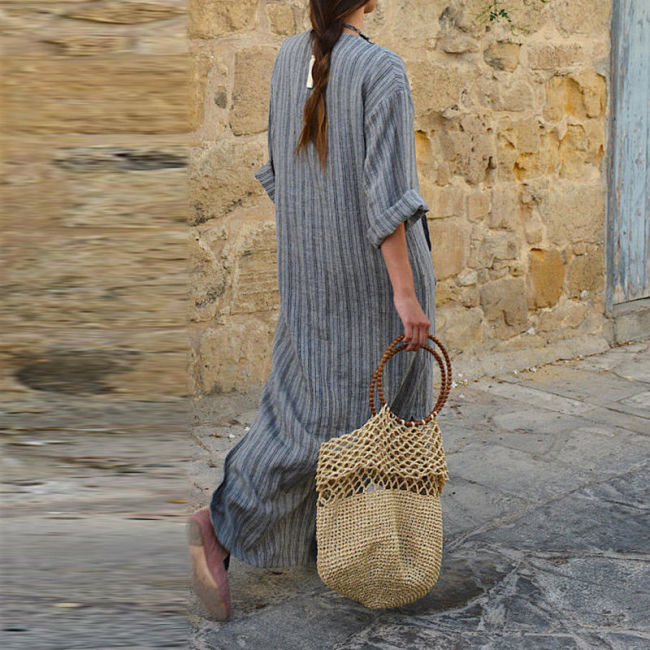 Women's Cotton Linen Dress Striped Front Pocket Long Maxi Dress