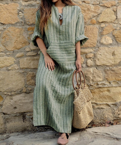 Women's Cotton Linen Dress Striped Front Pocket Long Maxi Dress