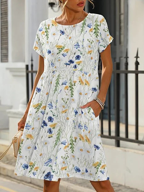 US$ 28.99 - Women's Floral Summer Dress Crew Neck Midi Dress with ...