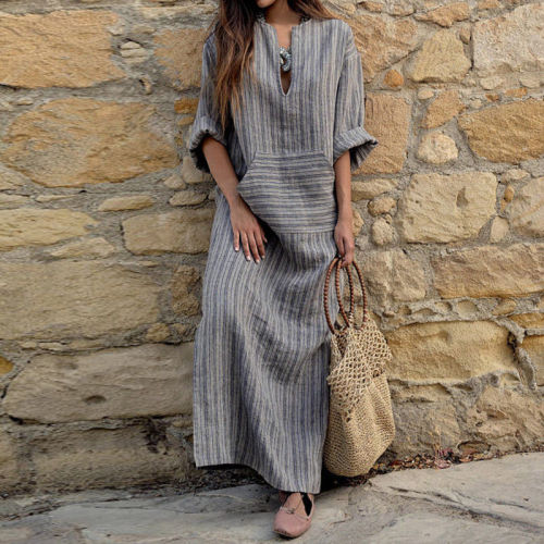 Women's Cotton Linen Dress Striped Front Pocket Long Maxi Dress
