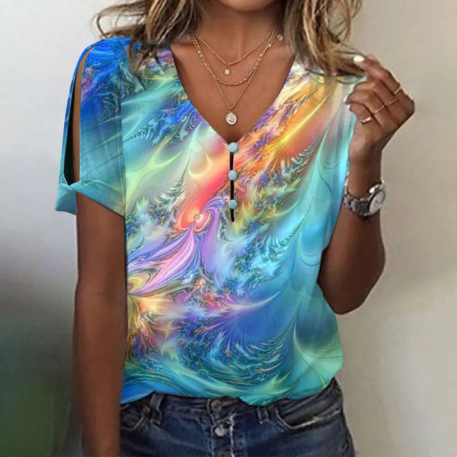 Women's Casual Colorful V-Neck Short Sleeve T-Shirt