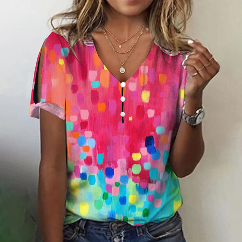 Women's Colorful Polka Dots Print Top V-Neck Short Sleeve T-Shirts