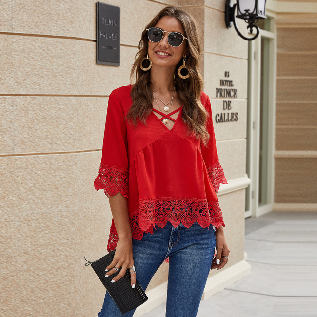 Women's Lace Blouse Solid Color V-Neck Mid-Sleeve Chiffion Blouse Top