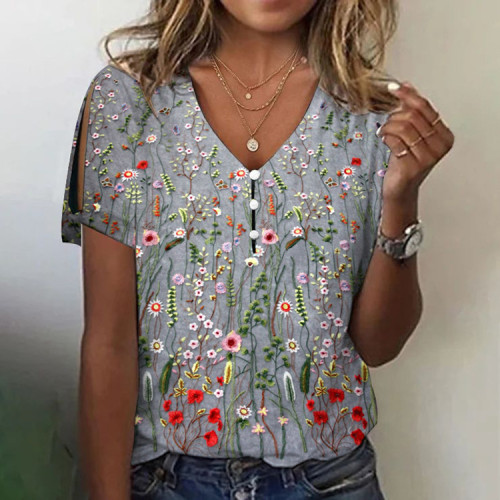 Women's V-Neck Pullover T-Shirt Vintage Retro Floral Print Tee