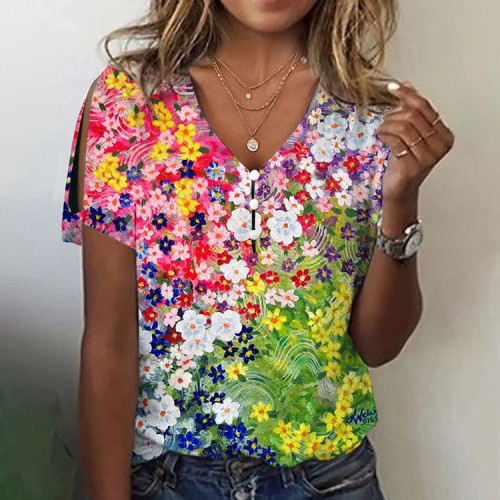 Women's Spring Ethnic Country Oil Floral Painting Print Tee Casual V-Neck T-Shirts