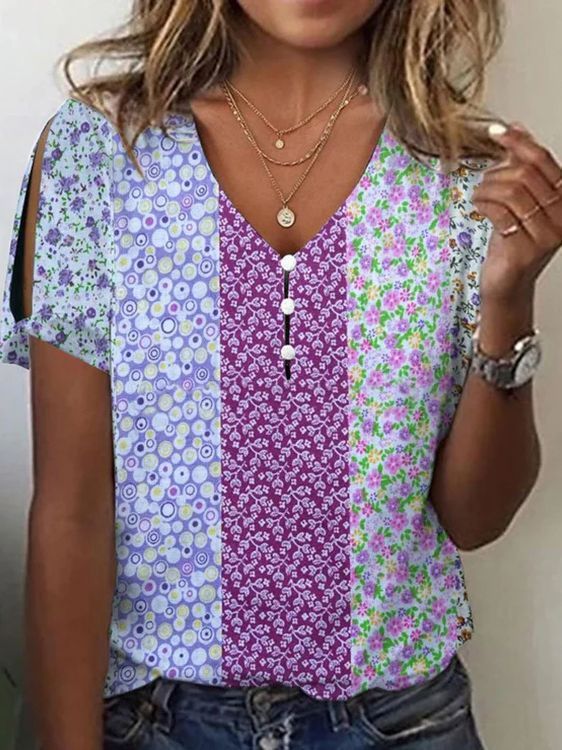 Women's Floral Top Strip Flower Print V-Neck Short Sleeve T-Shirts