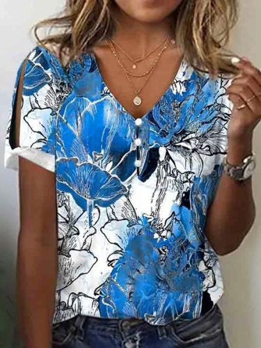 Women's Blue Floral Print Casual V-Neck T-Shirts