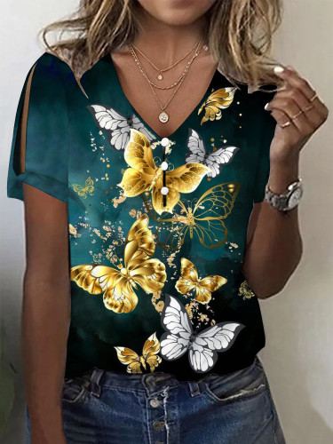 Women's Blue Butterfly Print Top V-Neck Short Sleeve T-Shirts