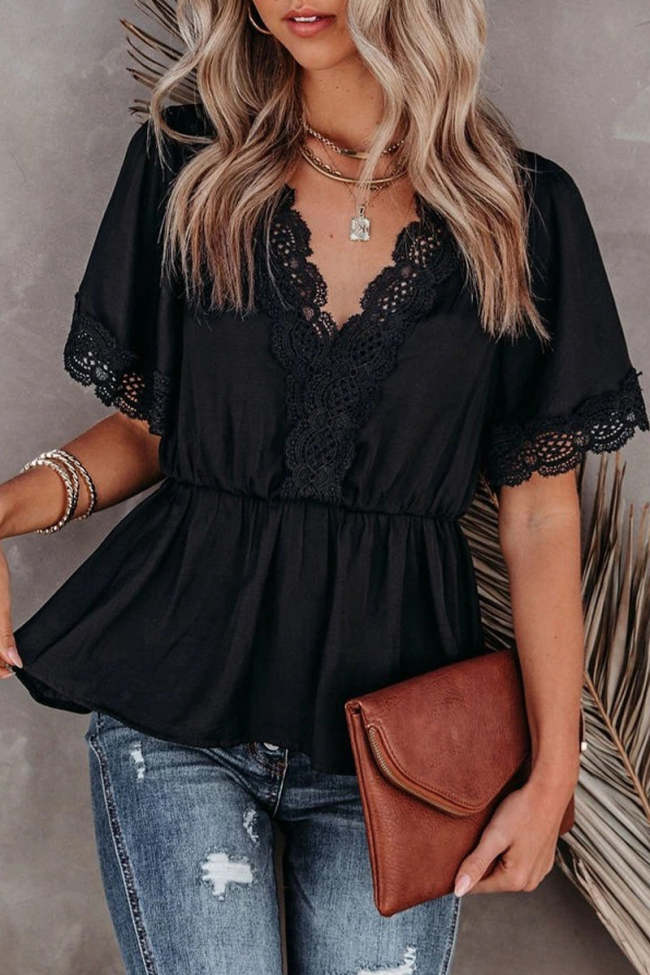 Casual Solid Patchwork V Neck Tops