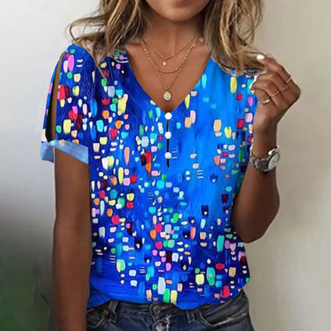 Women's Blue Polka Dots Print Top V-Neck Short Sleeve T-Shirts