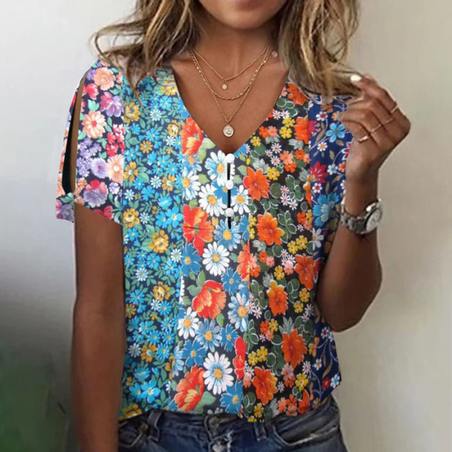 Women's Floral Top Strip Flower Print V-Neck Short Sleeve T-Shirts