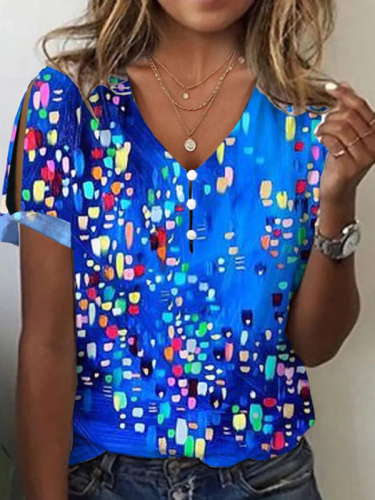 Women's Blue Polka Dots Print Top V-Neck Short Sleeve T-Shirts