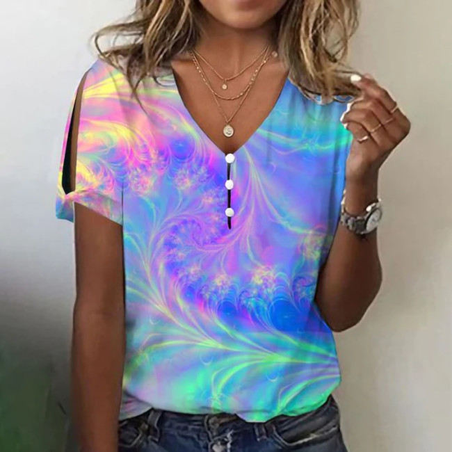 Women's Casual Colorful V-Neck Short Sleeve T-Shirt