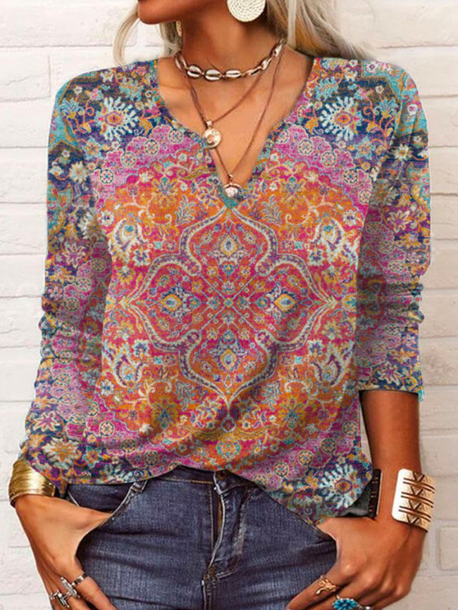 Women's Ethnic Retro Floral Long T-Shirts