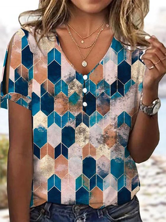 Women's Retro Geometric Print Tee Casual V-Neck T-Shirts