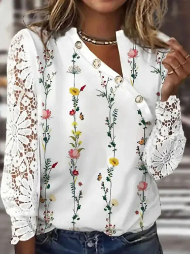 Women's Blouse Irregular Neckline Floral Print Lace Sleeve Top