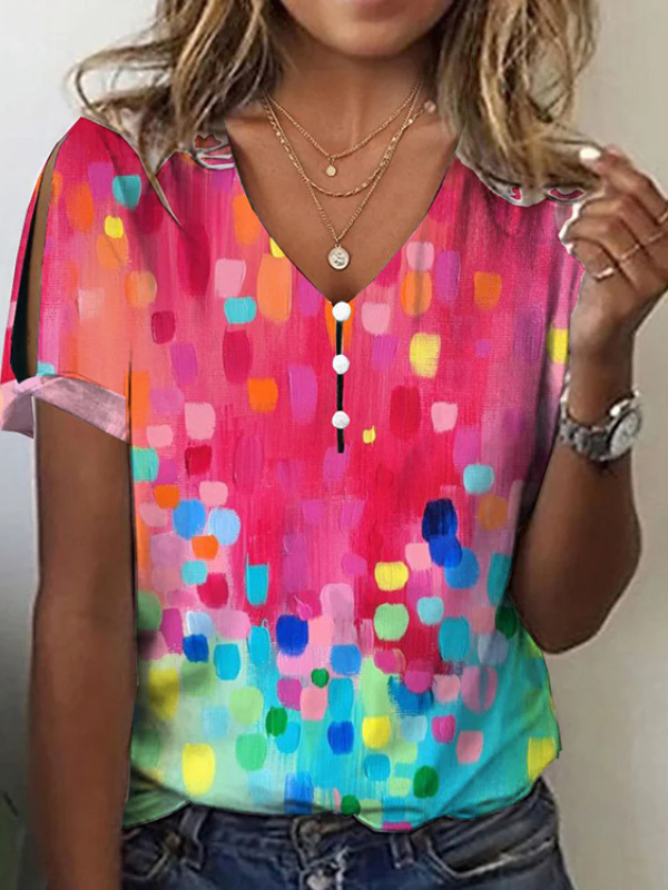Women's Colorful Polka Dots Print Top V-Neck Short Sleeve T-Shirts