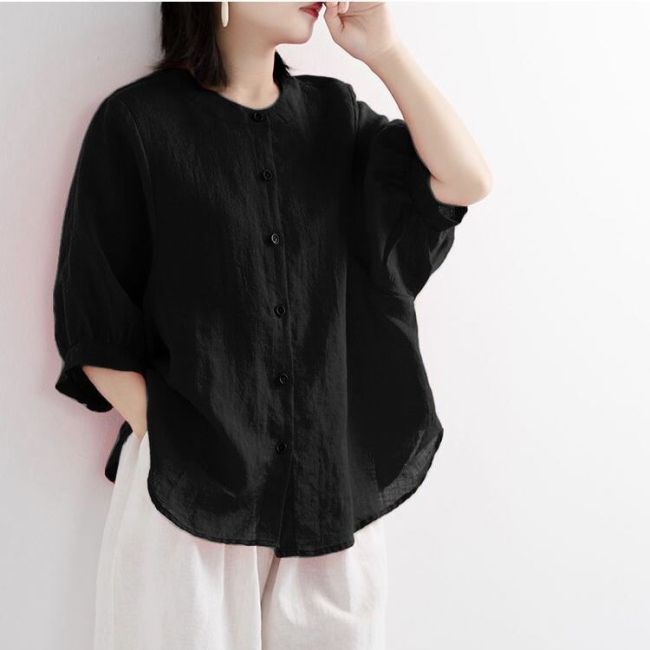 Women's Solid Cotton Linen Blouse Light Weight Soft Linen Stand Collar Shirts