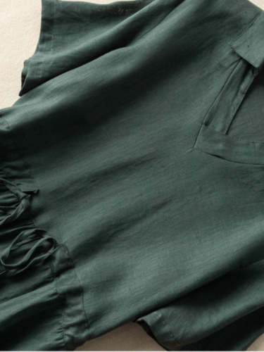 Women's Linen Dress V-Neck High Waist Midi Dress with Pocket