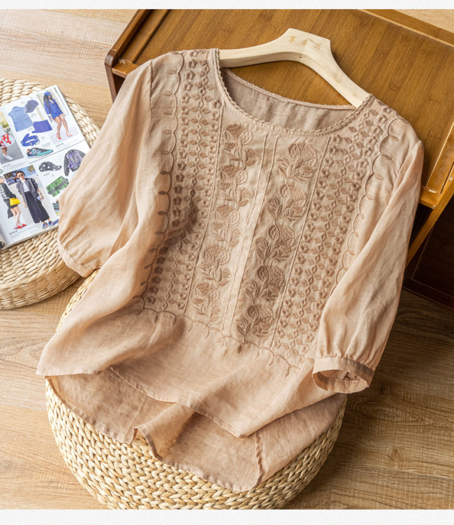 Women's Cotton Linen Blouse Embroidery Floral Soft Linen Shirts