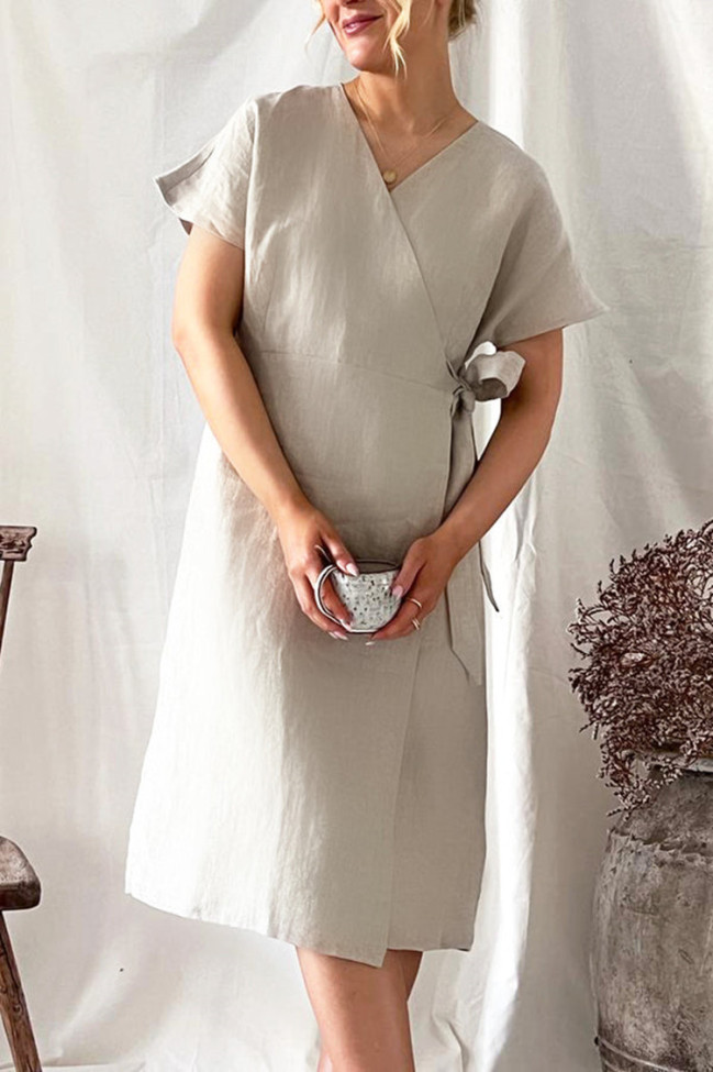 Women's Cotton Linen Dress V-neck Slit dress