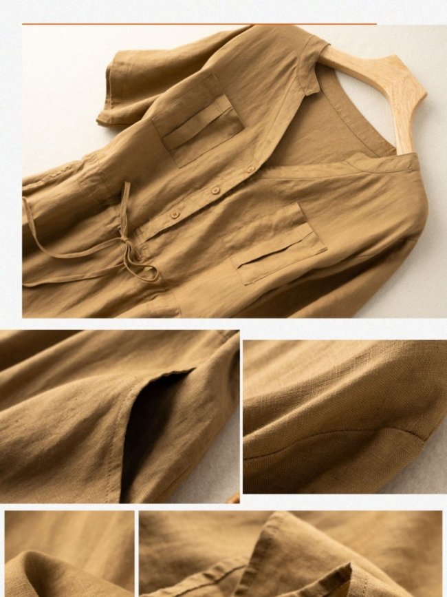 Women's Linen Dress Buttoned Retro Short Sleeve Dress with Front Pocket