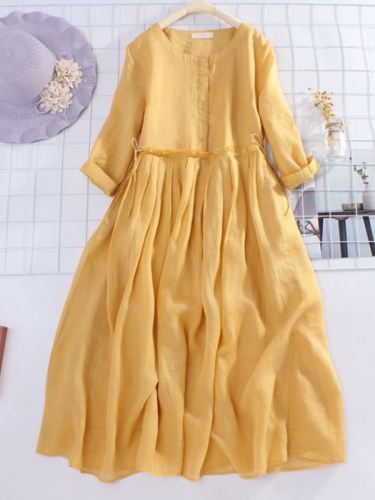 Women's Cotton Linen Dress Round Neck Pleated Drawstring Dress