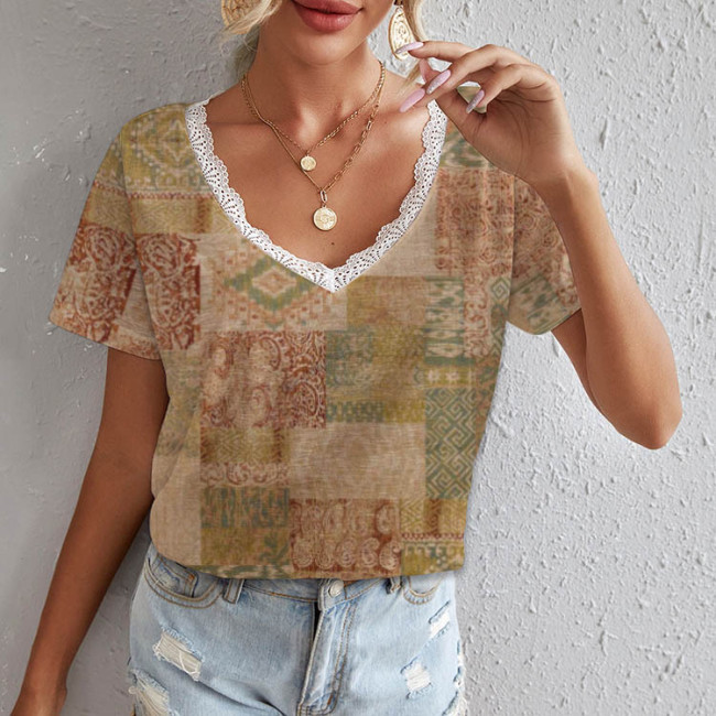 Women's Ethnic Vintage Retro Print T-Shirt Lace V-Neck Casual Tee