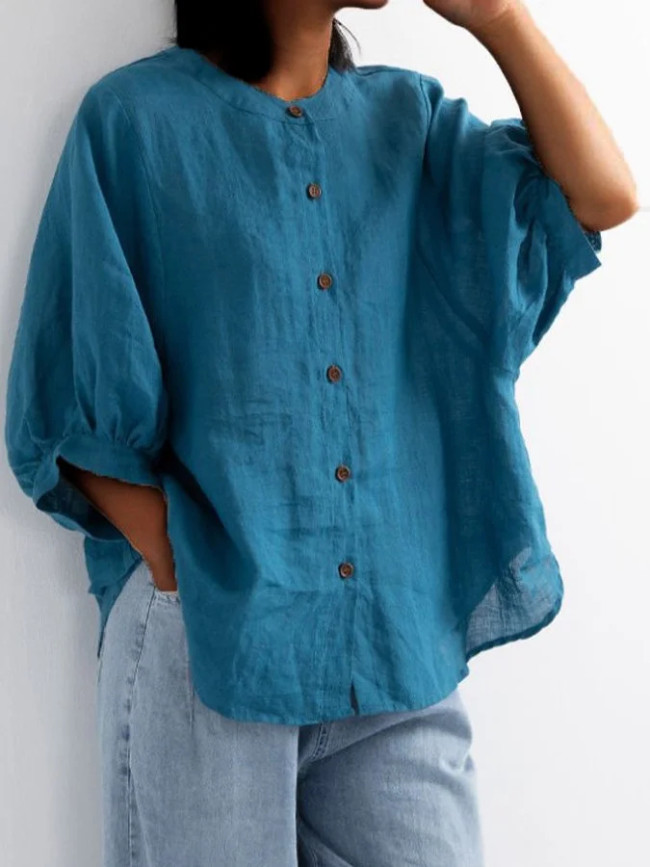 Women's Solid Cotton Linen Blouse Light Weight Soft Linen Stand Collar Shirts
