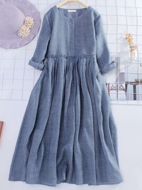 Women's Cotton Linen Dress Round Neck Pleated Drawstring Dress
