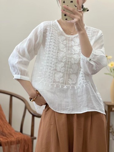 Women's Cotton Linen Blouse Embroidery Floral Soft Linen Shirts