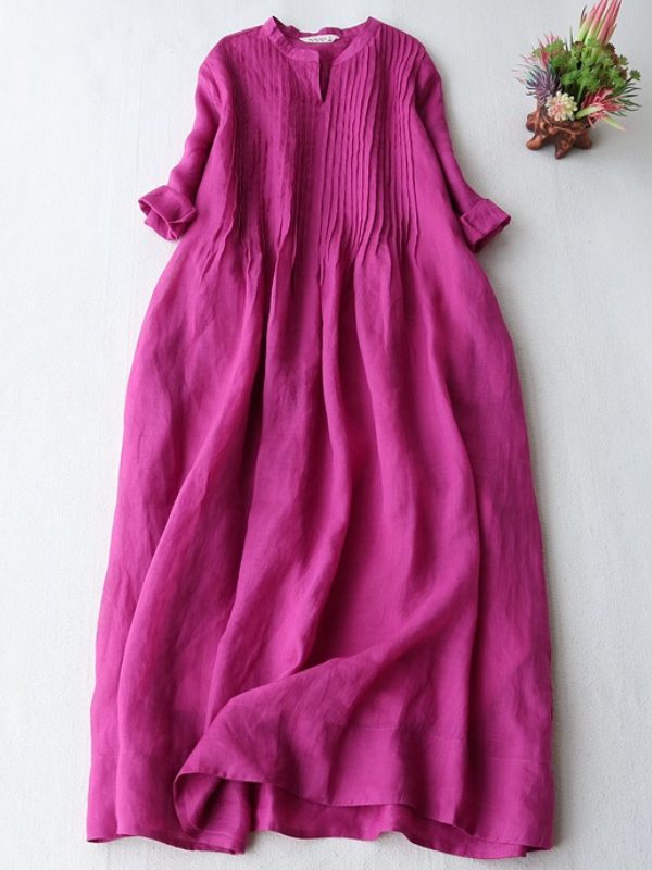 US$ 46.89 - Women's Cotton Linen Dress Pleated V-Neck Mid Sleeve Soft ...
