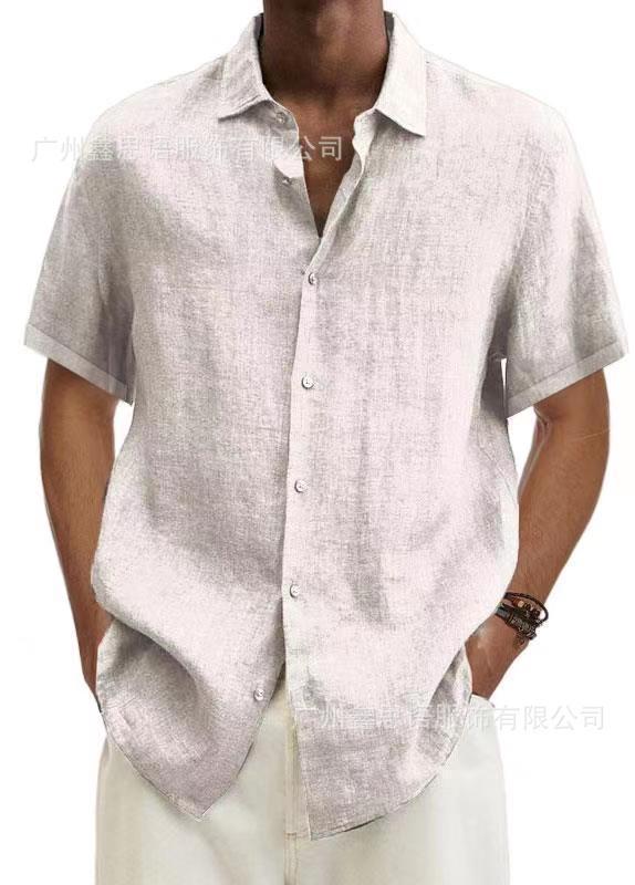 Men's Solid Cotton Linen Blouse Light Weight Short Sleeve Linen Shirt Plus Size Tops
