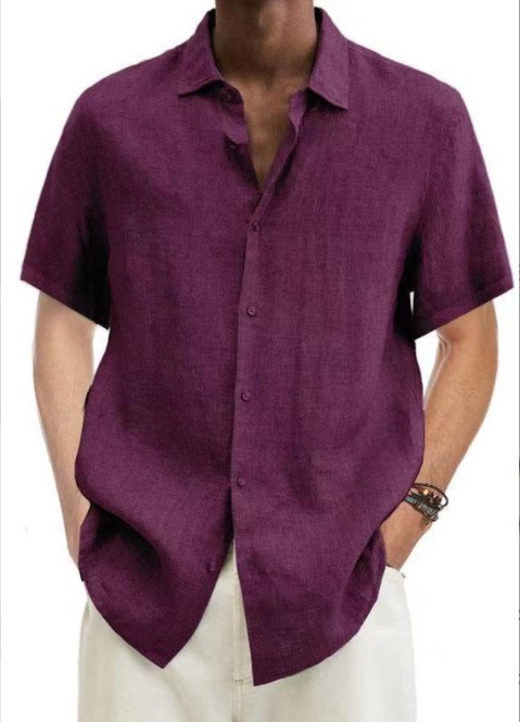 Men's Solid Cotton Linen Blouse Light Weight Short Sleeve Linen Shirt Plus Size Tops