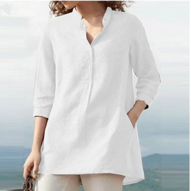 Women's Solid Cotton Linen Blouse Light Weight Soft Linen Stand Collar Shirts with Pocket