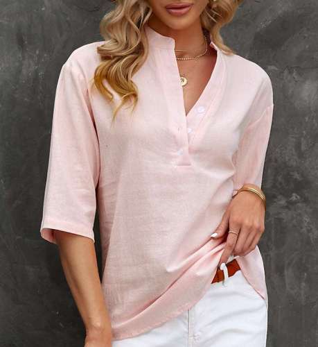 Women's Solid Cotton Linen Blouse Casual V-Neck Pullover Linen Shirt