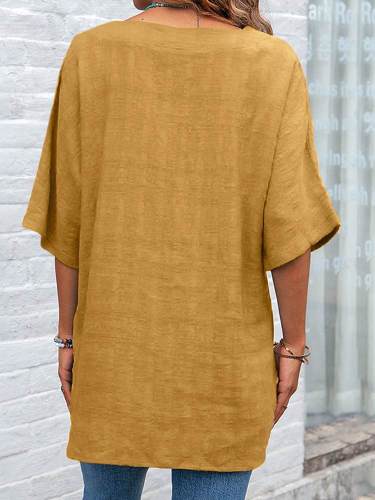 Women's Solid Cotton Linen Blouse Light Weight V-Neck Linen Shirt Plus Size Tops