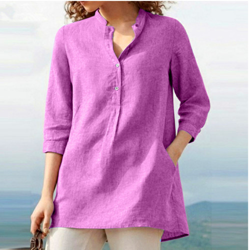 Women's Solid Cotton Linen Blouse Light Weight Soft Linen Stand Collar Shirts with Pocket