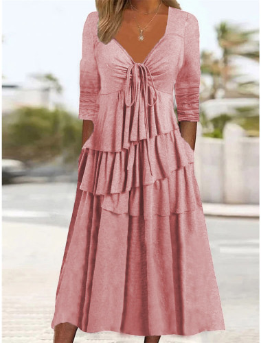 Women's Summer Dress V-Neck Layer Casual Midi Dress