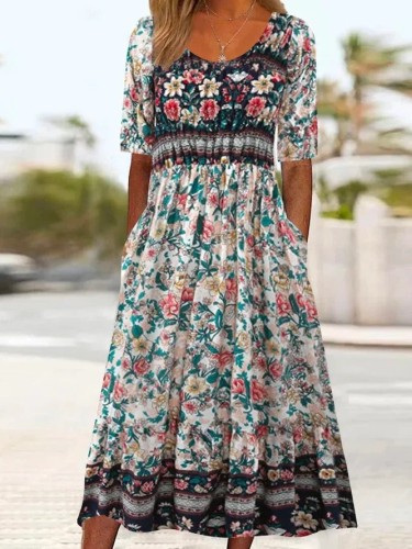 Women's Bohemian Dress Ethnic Floral Print Beach Boho Summer Midi Dress