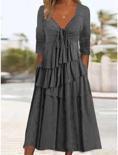 Women's Summer Dress V-Neck Layer Casual Midi Dress