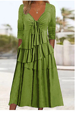 Women's Summer Dress V-Neck Layer Casual Midi Dress