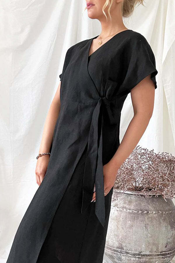 Women's Cotton Linen Dress V-neck Slit dress